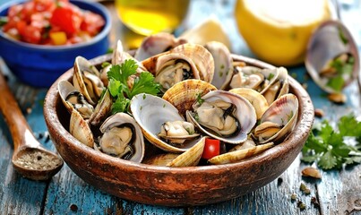 Steamed clams with herbs, salsa, lemon, and spices on rustic table