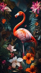 Fototapeta premium Elegant Flamingo Among Blooming Flowers - Vibrant Wildlife Art with Floral Background, depicting tranquility and beauty, perfect for nature lovers, Generative AI