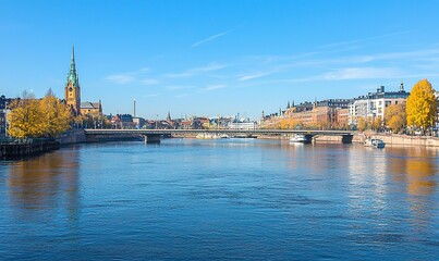 Fototapeta premium Stockholm cityscape with bridge, church, autumn foliage, calm river, clear sky