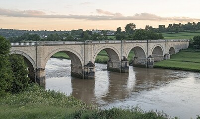 Fototapeta premium Stone arch bridge over calm river at sunset, countryside view, ideal for travel or history projects
