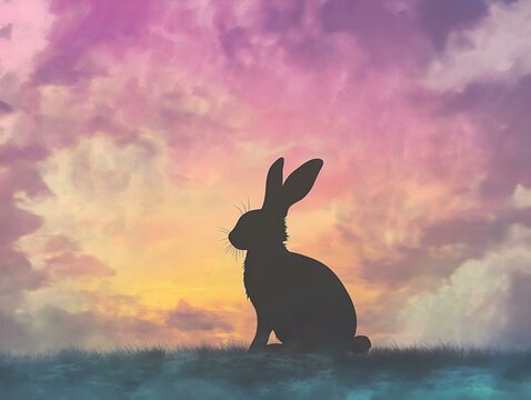 rabbit silhouette at sunset, purple and orange hues, grassy field, peaceful scene