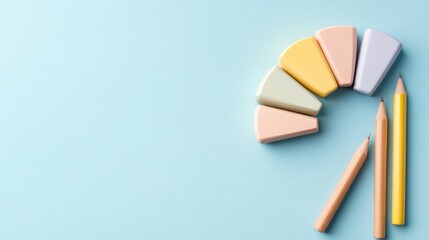 Colorful erasers and pencils arranged on a blue background.