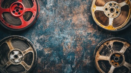Obraz premium Vintage Film Reels on a Rustic Textured Surface Background