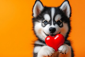 Obraz premium Cute alaskan malamute dog with critter animal toy red heart - emblem of love, funny greeting card. Marketing visual idea. Alaskan malamute - my desired dog. Puppy valentine's day. Love animals.