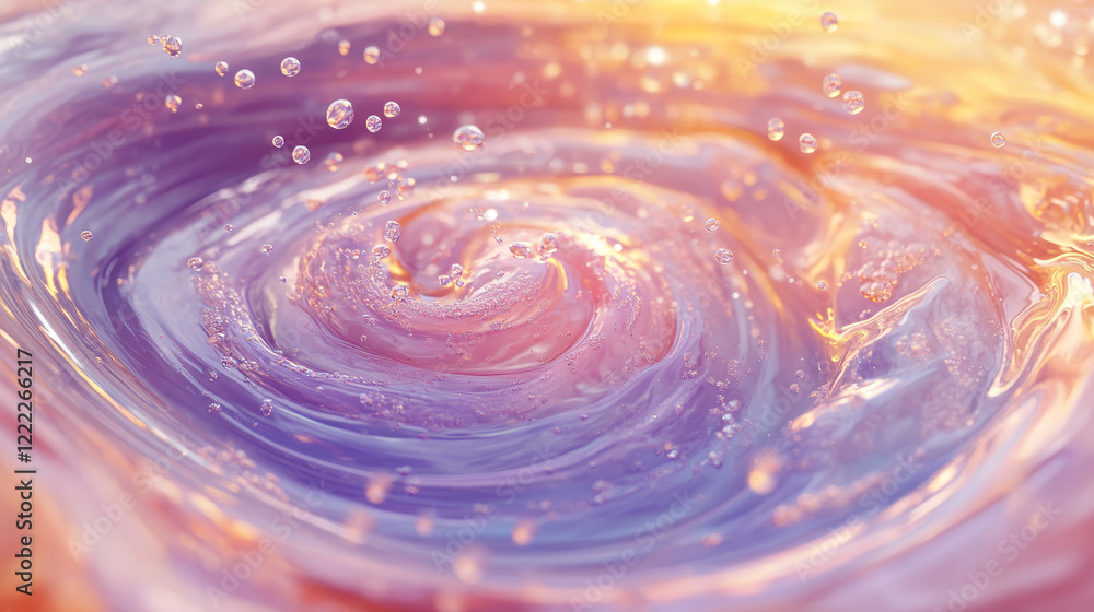 Poster water swirl and wave with bubble. vortex with movement of detergent or soap foam balls. realistic ve