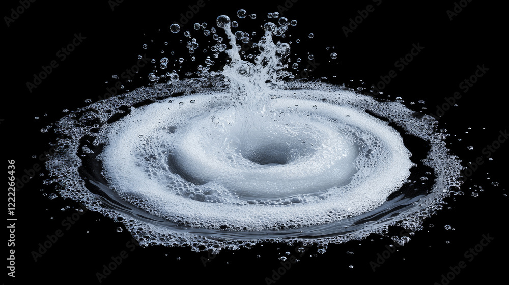 Poster water swirl and wave with bubble. vortex with movement of detergent or soap foam balls. realistic ve