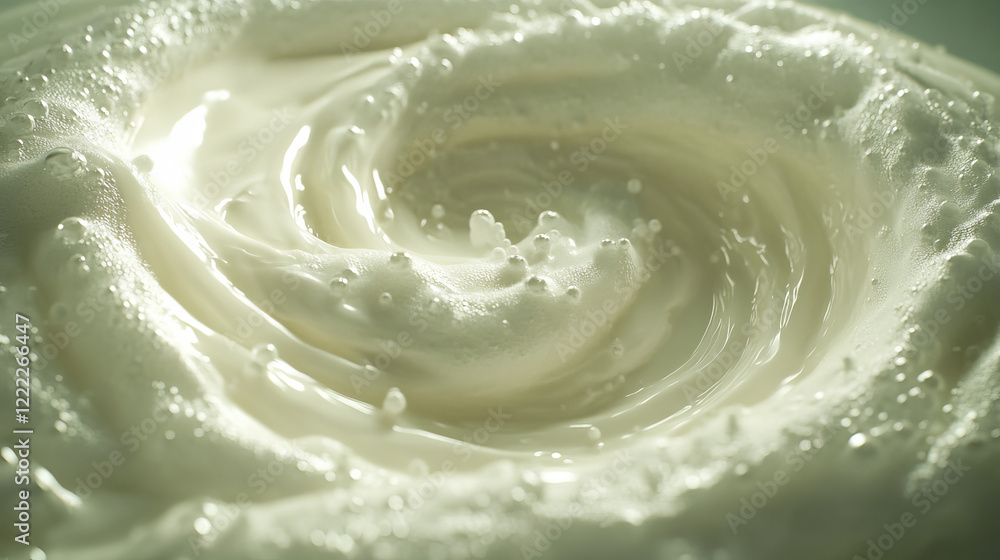 Poster water swirl and wave with bubble. vortex with movement of detergent or soap foam balls. realistic ve