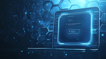 Protecting personal data concept, internet account security guarantee isometric vector. Frame with login and password in front of open laptop screen on blue honeycomb background, landing web site page