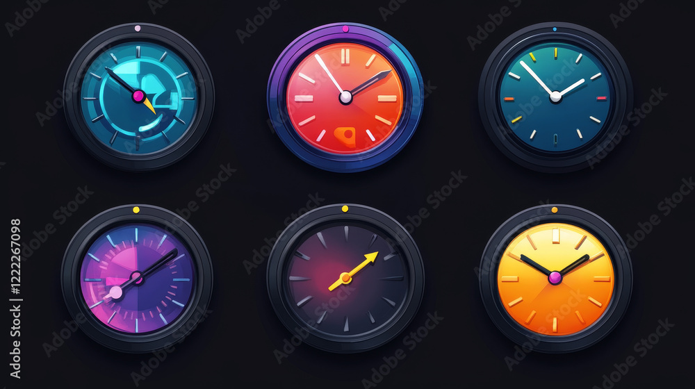 Poster clock game icons, time animation sprite sheet. alarm clock with moving arrows sequence frame. watche