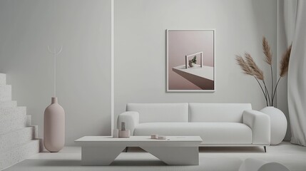 Minimalist Scandinavian lounge featuring monochrome white sofa, sleek coffee table, and 3D angled poster frame within simple decor.