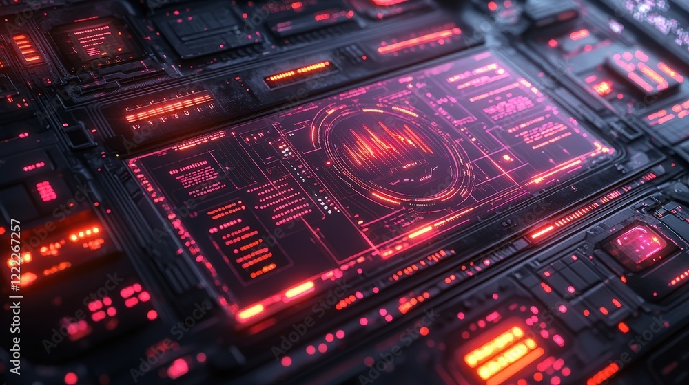 Poster computer processor with illuminated red lights on a modern circuit board in a technology setting