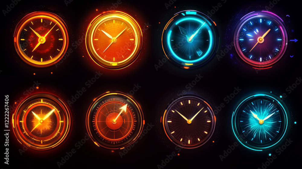 Poster clock game icons, time animation sprite sheet. alarm clock with moving arrows sequence frame. watche
