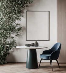 A horizontal picture frame mock-up displayed in a modern dining room with chic dark blue chairs