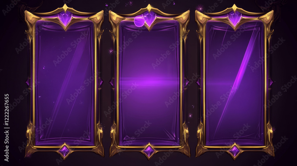 Poster digital game interface elements - purple rectangular frames with gold art deco borders. vertical ban