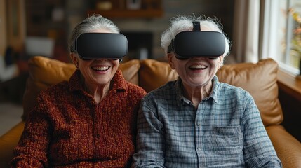 Two older women wearing virtual reality glasses enjoying technology and gaming in a bright indoor setting