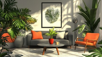 Stylish sitting area with a vacant frame, vibrant plant, and coffee table for minimalist product display.