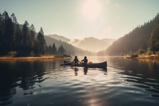 Couple rowing canue adventure vehicle rowboat.