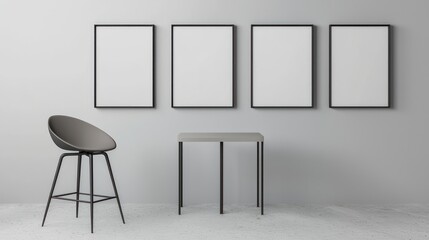 Modern minimalist setup with bar stool and three mockup frames arranged at angles to create a dynamic promotional display.