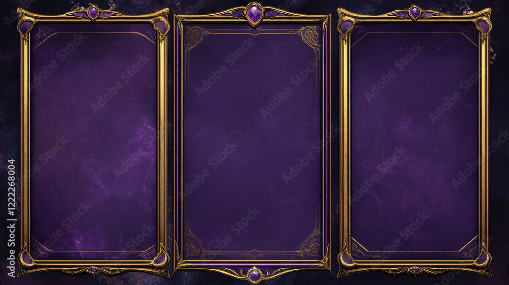 Poster digital game interface elements - purple rectangular frames with gold art deco borders. vertical ban