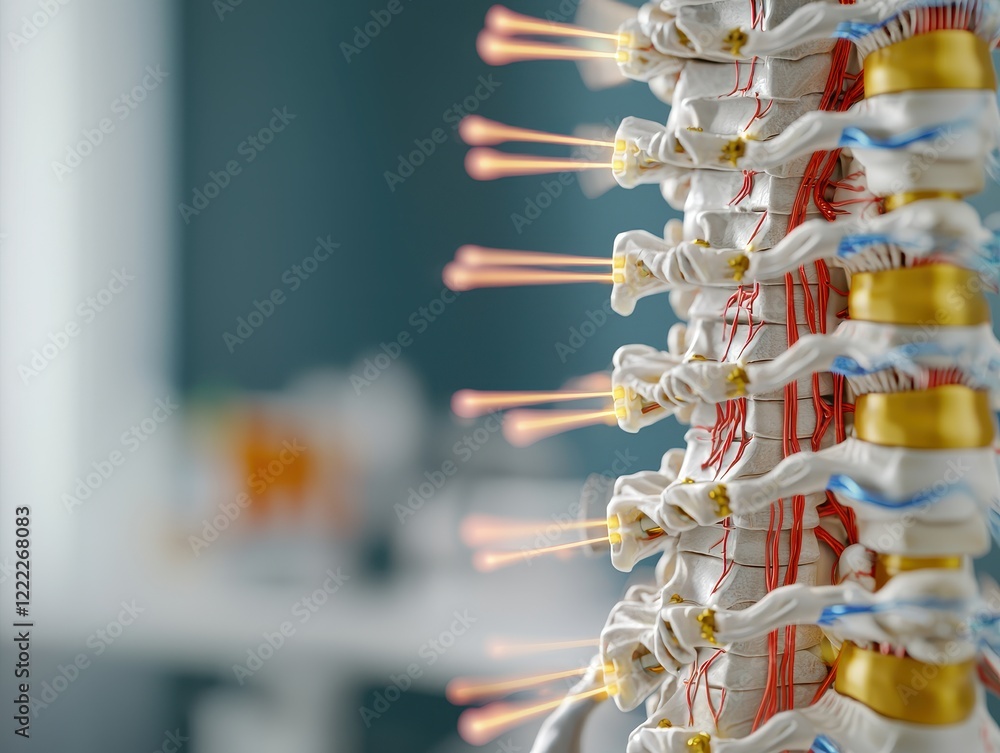 Poster ray human joint concept. close-up of a model spine with electrical stimulation points highlighted in