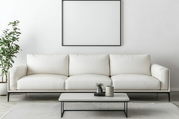 Scandinavian-style living room with a low coffee table and 3D mockup poster frame with a floating effect.