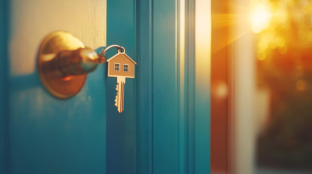  A close-up of a door lock and key on a turquoise door bathed in golden sunlight evokes vintage nostalgia at a home entrance
