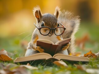 squirrel reading book, autumn leaves, glasses, alert expression, outdoor setting