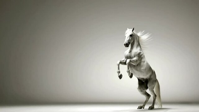Majestic White Horse Rearing Up in Studio: Powerful Equine Photography, Dynamic Pose