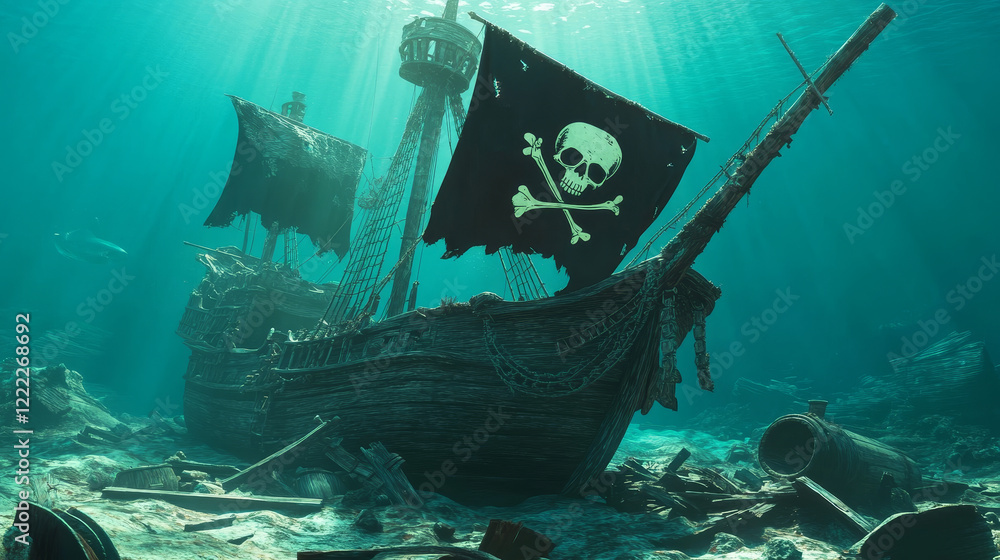 Poster parallax background for game, sunken pirate ship with black sails and flag with skull and crossbones