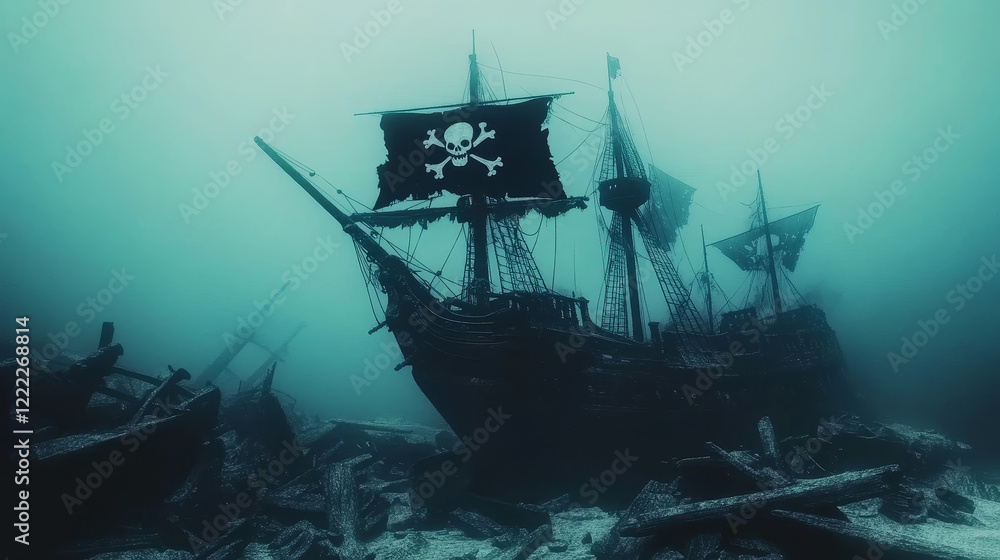 Poster parallax background for game, sunken pirate ship with black sails and flag with skull and crossbones