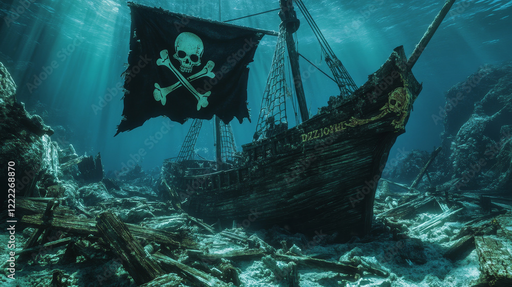 Poster parallax background for game, sunken pirate ship with black sails and flag with skull and crossbones