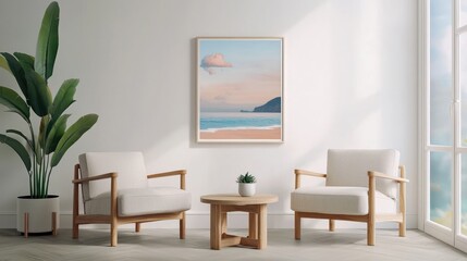 Fototapeta premium Bright Scandinavian living room with minimal decor, floating artwork effect from a 3D mockup frame, enhancing the room's aesthetic.