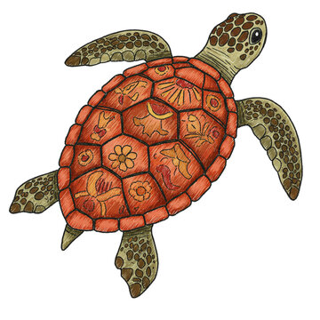 Ornate Detailed Turtle Shell Design Orange Floral Pattern Artistic Sea Animal Illustration Image    