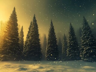 Fototapeta premium snowy forest, warm light, falling snow, magical atmosphere, winter scene