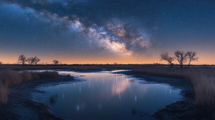 Calm body of water surrounded by lush greenery reflecting a clear blue sky on a sunny day