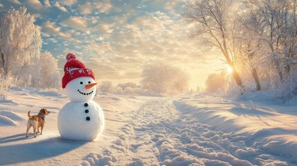 Obraz premium Snowman and Dog in Winter Wonderland