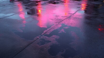 Wet Pavement Reflecting Neon Lights in an Urban Setting After Rain During Nighttime