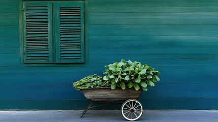 Wheelbarrow Filled with Fresh Green Plants Against a Bright Blue Wooden Wall