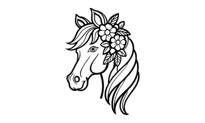 Horse Head With Flower Black And White Design