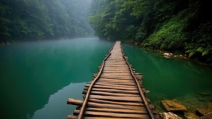 Wooden footbridge leading through misty forest along tranquil river in remote wilderness