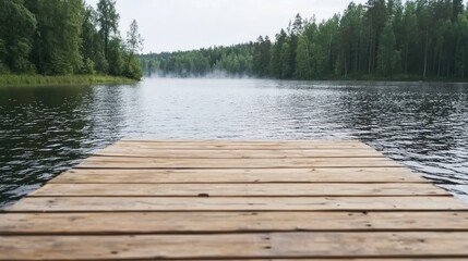 Wooden Pier Overlooking A Calm Lake Surrounded By Lush Green Forest On A Sunny Day