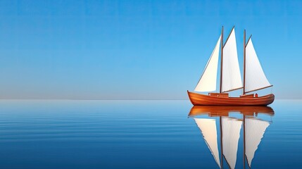 Wooden Sailboat Gliding Across Calm Waters with Clear Blue Sky and Perfect Reflection