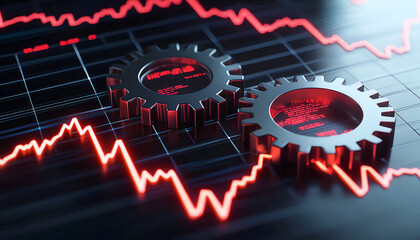 Two metallic gears overlaid on a dynamic graph, illustrating data trends with red lines indicating fluctuations, symbolizing industry and technology.
