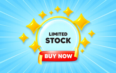 Limited stock sunburst ray banner. Buy now flag ribbon. Limited stock sale tag. Special offer price sign. Advertising discounts symbol. 3d stars glitter. Red ribbon tag. Discount offer. Vector