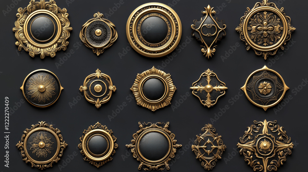Poster game ui long button with thin gold frame. rectangular medieval border with golden metal ornament for