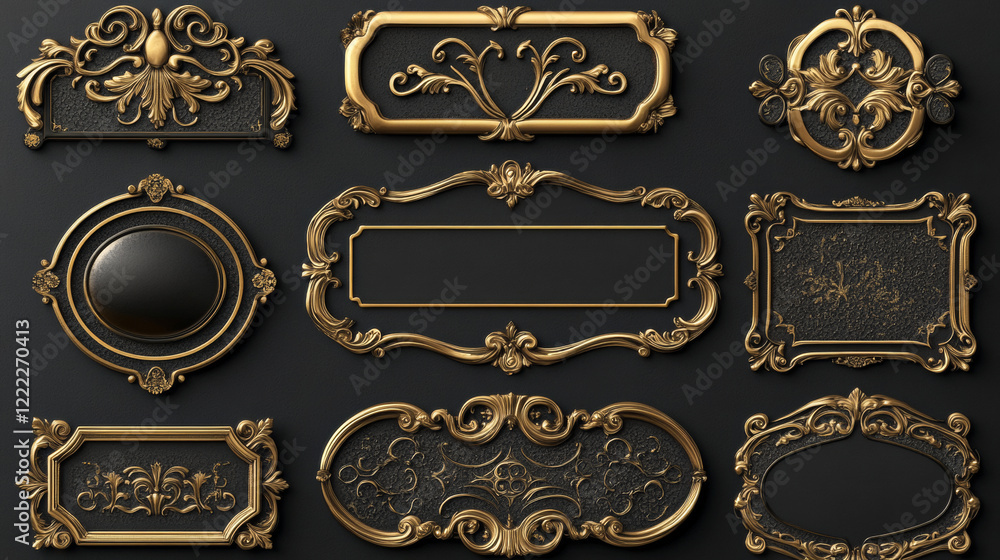 Poster game ui long button with thin gold frame. rectangular medieval border with golden metal ornament for