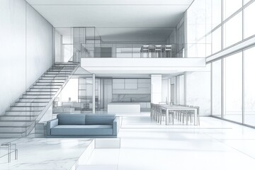 A manually crafted drawing of a new apartment's interior, based on a sketch and blueprint