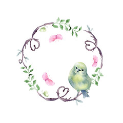 Watercolor circle frame of hearts by tree branches and cute bird isolated. Gentle curvy twigs with simple green leaves butterflies on wreath hand drawn. Natural designs for Valentine, woodland card.