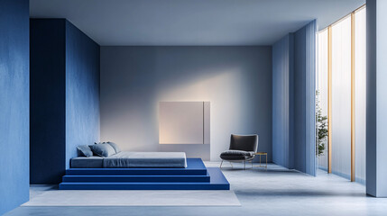 Fototapeta premium modern minimalist blue bedroom with large window and platform bed