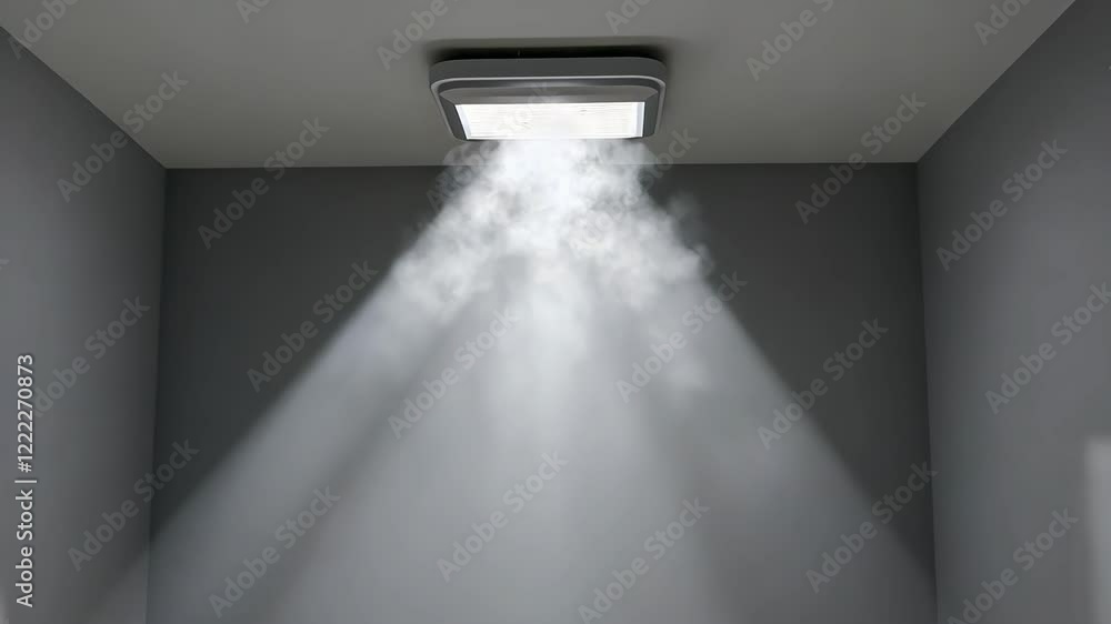 Poster light beams intersecting with smoke in a dimly lit room creating an atmospheric effect